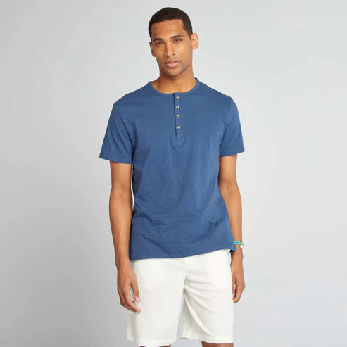 blue jersey t-shirt with tunisian collar